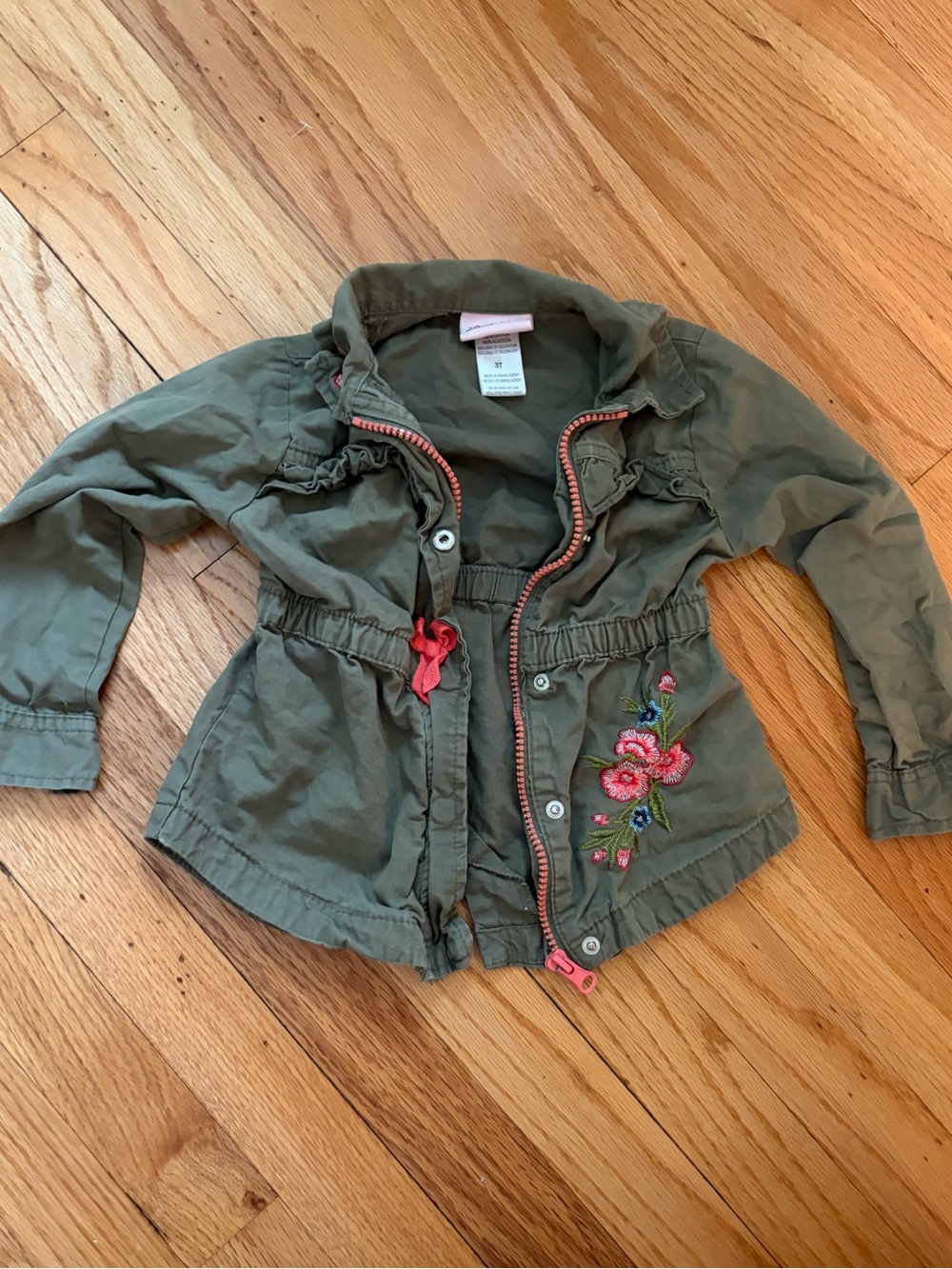 Little Lass Olive Green Floral Embroidered Jean Jacket with Pink Trim